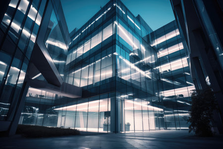 futuristic and conceptual office building, with sleek lines and dramatic lighting, created with generative aiの素材