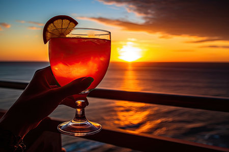 person, savoring exotic cocktail with view of the sunset on the beach, created with generative aiの素材