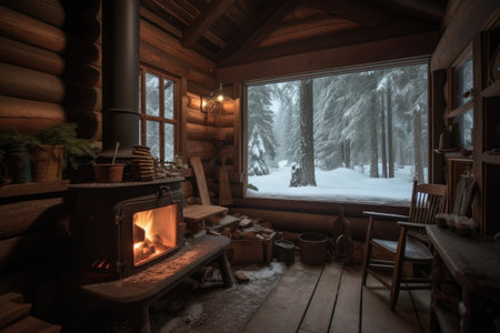 cozy cabin in the woods with a warm fire and hot chocolate, created with generative aiの素材