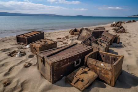 beaches of old, with weathered and worn treasures to be discovered, created with generative aiの素材