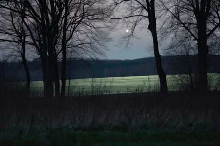 close-up of a moonlit night, with the outline of trees and fields in the background, created with generative aiの素材