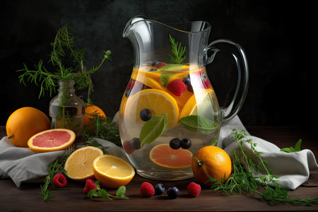 a pitcher of water with slices of fruit and herbs for a refreshing drink, created with generative aiの素材