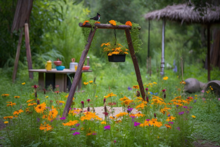 hummingbird feeding station in the middle of a campsite with flowering plants, created with generative aiの素材