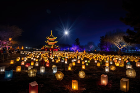 festival of lights, with lanterns and candles illuminating the night sky, created with generative aiの素材