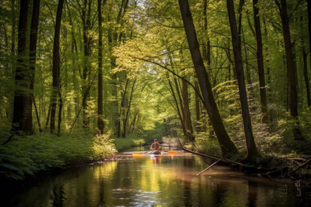 kayaker paddling through sunlit forest, with towering trees visible in the background, created with generative aiの素材