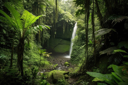 majestic waterfall cascading into lush jungle valley, created with generative aiの素材