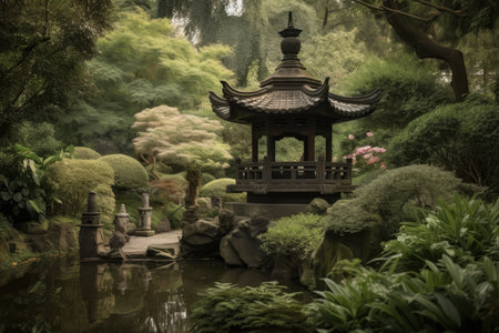 serene garden with peaceful pagoda and waterfall visible in the background, created with generative aiの素材