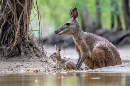 kangaroo mother sitting on riverbank, drinking water and keeping lookout, created with generative aiの素材