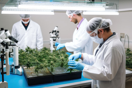 medical marijuana research lab, with scientists conducting experiments and recording data, created with generative aiの素材