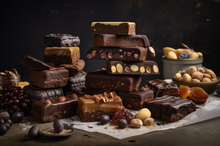 stack of decadent chocolate bars, with selection of fillings and toppings, created with generative aiの素材