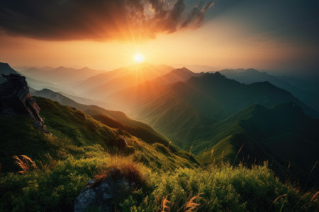 majestic mountain range, with a view of the sun setting behind the mountains, created with generative aiの素材