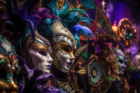 mardi gras scene with masks, beads, and glittery costumes, created with generative aiの素材