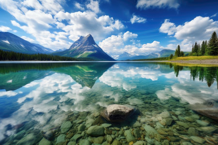 crystal-clear lake with view of majestic mountain range, reflecting the sky and clouds, created with generative aiの素材