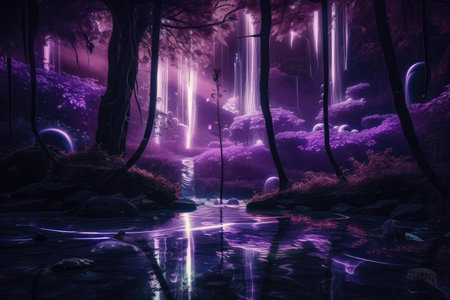 magical dark purple forest with cascading waterfall and glittering reflections, created with generative aiの素材