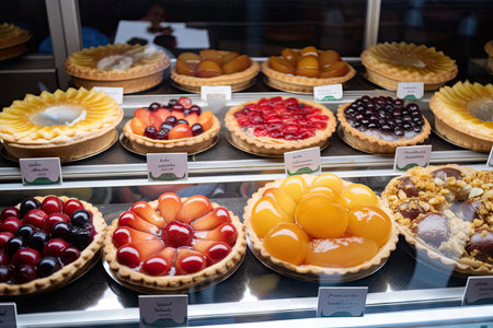display of colorful fruit pies and tarts in bakery window, created with generative aiの素材