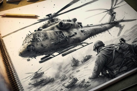 pencil drawing of military helicopter with guns and missiles visible, created with generative aiの素材