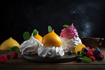 white and fluffy meringue, topped with sweet fruity flavor combinations, created with generative aiの素材