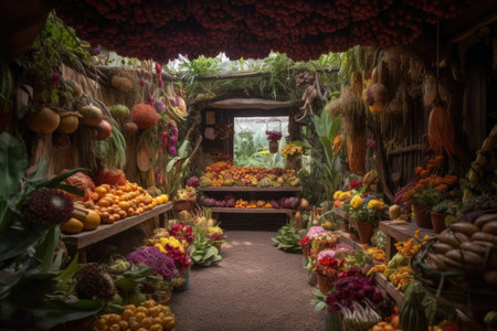 enchanted garden, filled with colorful blooms, and exotic fruits and spices, created with generative aiの素材