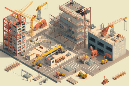 a construction site, with isometric and axonometric projections showing the various work stages, created with generative aiの素材