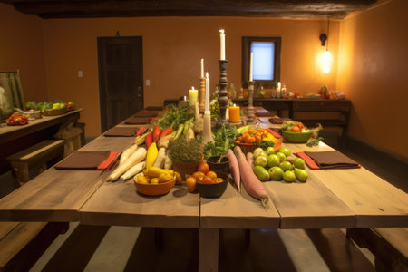 communal dining table, filled with the bounty of local ingredients, created with generative aiの素材