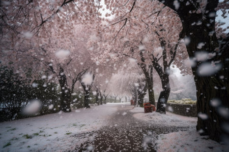 cherry blossom snowstorm, with cherry blossoms falling like soft, white flakes, created with generative aiの素材