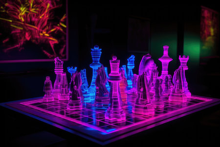 neon chess game under black light, with vibrant colors and intricate pieces, created with generative aiの素材