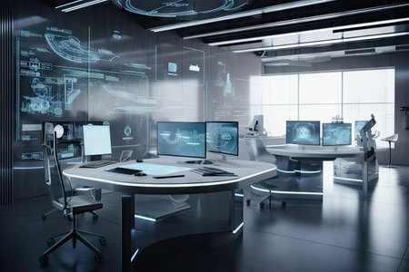 futuristic open office with touchscreens, integrated smart devices, and holographic projectors, created with generative aiの素材
