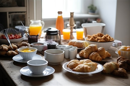 tasty culinary workshop, with freshly made pastries and hot drinks on the table, created with generative aiの素材