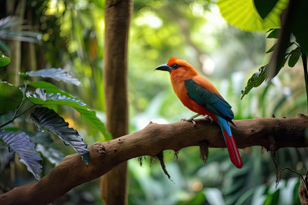 exotic bird perched on tree branch with view of tropical garden, created with generative aiの素材
