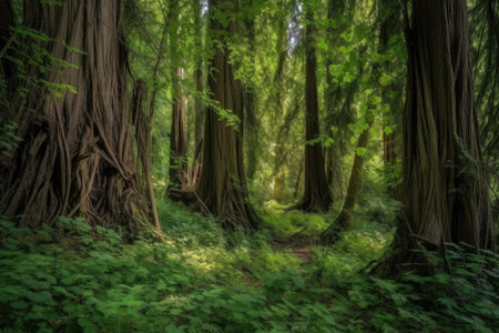 tall trees and dense foliage shielding hidden secrets, created with generative aiの素材