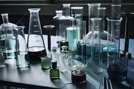 glass flasks, beakers, and test tubes arranged neatly on laboratory table, created with generative aiの素材