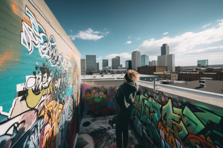rooftop view of graffiti artist at work, with city skyline in the background, created with generative aiの素材