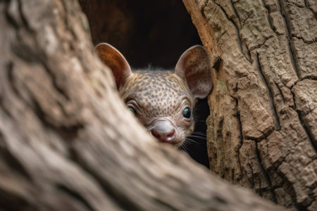newborn animal peeking out from behind a tree trunk, created with generative aiの素材