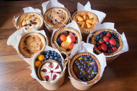 basket of freshly baked fruit pies and tarts, ready for delivery, created with generative aiの素材