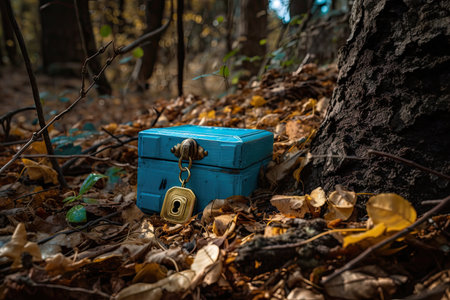 blue treasure with a gold lock and key hidden in the forest, created with generative aiの素材