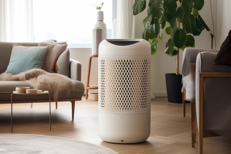 air purifier in stylishly designed living room, providing clean air for family to breathe, created with generative aiの素材