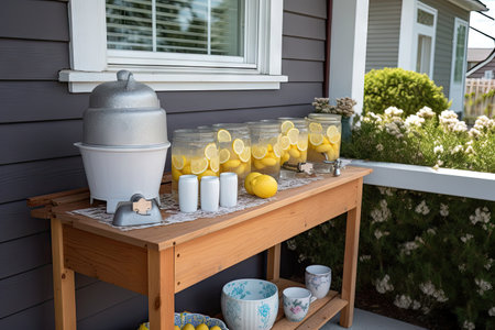 lemonade stand with fresh lemons and sugar bowl nearby, created with generative aiの素材