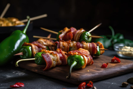 jalapeno popper with cheese and bacon on skewer, created with generative aiの素材