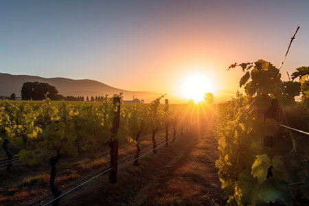 vineyard sunrise, with the sun rising over rows of vines and mountains in the distance, created with generative aiの素材