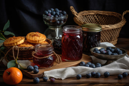 homemade jam and jelly jar with blueberry preserves, created with generative aiの素材