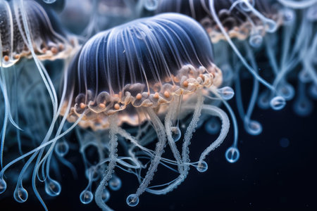 close-up of the delicate and intricate tentacles of a jellyfish, created with generative aiの素材