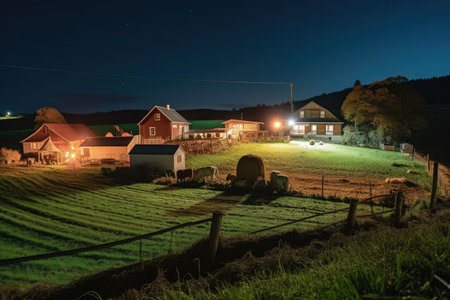 a view of a farm at night, with the harvest moon shining above, created with generative aiの素材