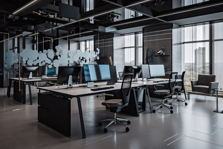futuristic office with open floor plan, numerous workstations and light fixtures, created with generative aiの素材