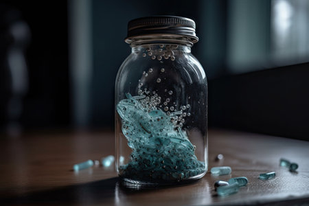 microplastic particles suspended in a clear bottle of water, created with generative aiの素材