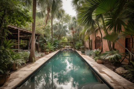 luxurious, serene oasis with crystal-clear swimming pool and garden of palms and cacti, created with generative aiの素材