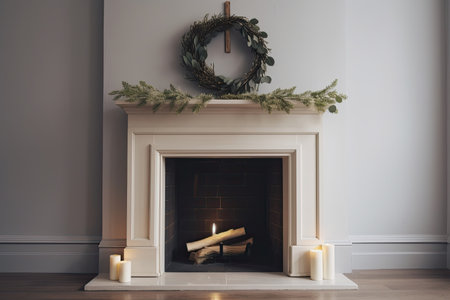 a minimalist fireplace with a single burning candle and a wreath on the mantle, created with generative aiの素材