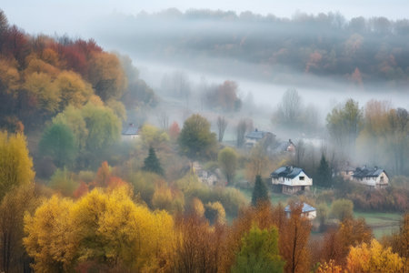 misty autumn morning, with quiet village surrounded by misty forest, created with generative aiの素材