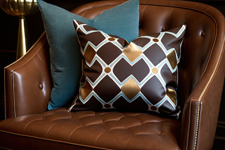 brown leather chair with geometric patterned cushion and gold accent pillows, created with generative aiの素材