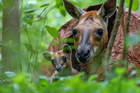 kangaroo mother with her joey peeking out of the pouch, surrounded by lush greenery, created with generative aiの素材