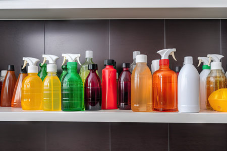 bottles of cleaning agents and sprays on shelf, created with generative aiの素材